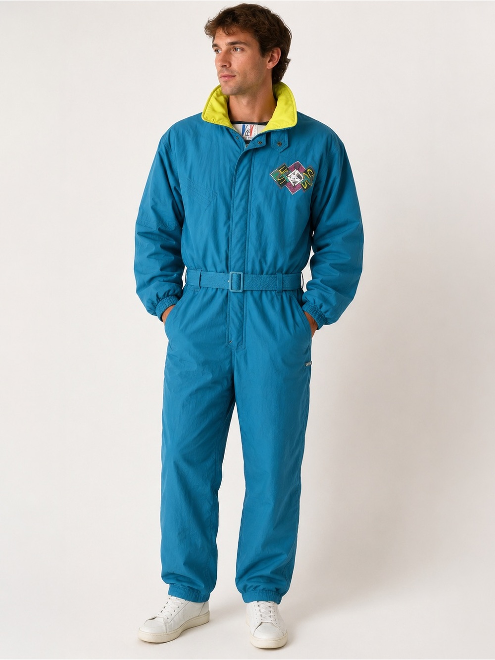 Vintage V de V Ski Suit Snowsuit Teal Neon Belted One Piece 90s Retro Mens M